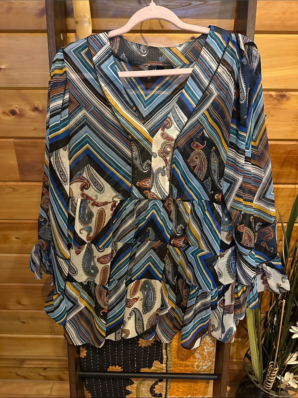 Melissa Paige Teal Multi Paisley Chevron Tiered Tunic